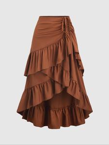 Women's Solid Color Ruffle Hem  Skirt, Boho Fashion Casual High Low Hem Skirt for Daily Holiday Vacation Wear, Ladies Bottoms for All Seasons