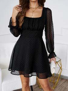 Square Neck Polka Dot Dress, Mesh Long Sleeve, Sweet Spicy Style, Perfect for Casual Wear, Women's Fashion Clothing, Casual Chic Fitted