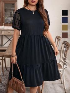 【Plus Size】 Plain Contrast Mesh Dress, Casual Round Neck Short Sleeve Dress for Summer, Women's Plus Clothing for Daily Wear