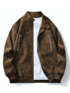 Men's Solid Color Zipper Bomber Jacket, Regular Fit Casual Retro Long Sleeve Outerwear for Spring & Fall, Fashion Men's Clothes for Daily Wear