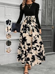 Women's Floral Patchwork Print Belted Ruffle Hem A Line Dress, Elegant Puff Sleeve Round Neck Long Dress for Spring & Fall, Women's Clothing for Daily Wear
