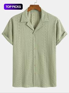 Men's Geometric Jacquard Short Sleeve Shirt, Loose Casual Soft Fit Comfy Breathable Shortsleeve Top for Summer, Breathable Casual Fit Men's Clothes for Daily Wear, Breathable Menswear, Fashion Casual Top, Casual Button Collared, Button Up Shirt