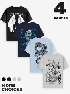 【Plus Size】 Men's Dragon & Wings & Bird Print Short Sleeve Graphic Tee, Casual Comfy Round Neck T-shirt for Summer, Men's Plus Size Top for Daily Wear
