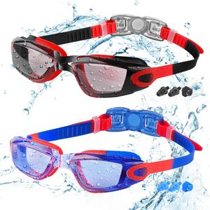 Swimming Goggles, 2 Counts Anti-fog & Anti-UV Swimming Goggles with Nose Clip & Earplugs, Swimming Accessories for Kids