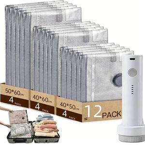 Cordless Travel Vacuum Bag Set - 6/9/12/ Pac Compression Bags for Carry-On Suitcases - USB Rechargeable Handheld Pump with Built-In Battery - Space Saver for Clothes & Packing, Zipper Pouches Durable, Lightweight Organizer Fitting Cover