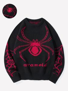 Men's Spider & Letter Print Drop Shoulder Sweater, Regular Fit Casual Long Sleeve Round Neck Jumper for Fall & Winter, Fashion Men's Knitwear for Daily Wear