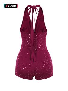 Women's Solid Color All-Over Sequin Decor Sexy Deep V Neck Romper Jumpsuit, Summer Casual Jumpsuit, Comfy Tie-Back Backless Sleeveless Stretchy Slim Fit Romper for Summer, Fashion Women's Romper for Daily Wear