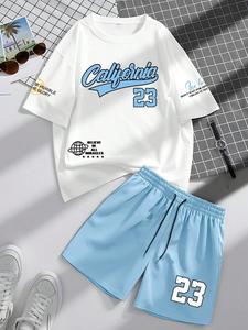 Two-Piece Set Men's Letter Graphic Short Sleeve Tee & Shorts, Regular Fit Casual Round Neck T-shirt & Track Shorts, Men's Summer Clothes
