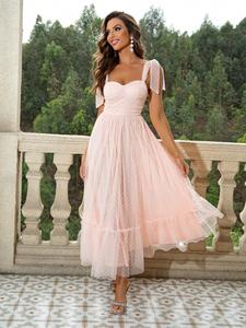 Women's Polka Dot Print Ruffle Hem Tie Shoulder Mesh A Line Dress, Regular Fit Elegant Chic Tie Shoulder Dress for Homecoming Birthday Party Prom Wedding Guest, Lady Summer Backless Clothes, Womenswear, Formal Ball Gown Dress, Baby Pink