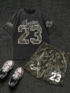 Men's Camo Print Short Sleeve Graphic Tee & Shorts Two-piece Set, Regular Fit Casual Round Neck T-shirt & Shorts, Men's Summer Clothes Set for Outdoor, Cotton, Casual Fashion Set