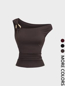 1 Piece  Valentine's Day Asymmetric Shoulder Ruched Crop Top | Euro-American Y2K Vibe | Cropped Design + Cold Shoulder Detail | Eye-Catching Pick for Weekend Shopping / Music Festivals