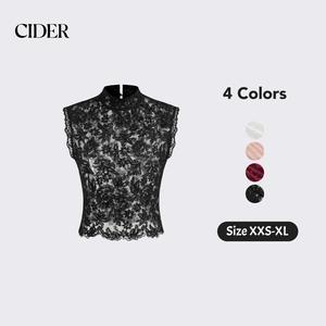 Cider Lace Mandarin Collar Floral See-through Tank Top
