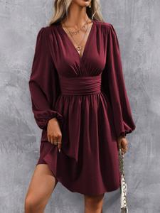 Women's Plain Deep V Neck Dress, Casual Bishop Sleeve A Line Dress for Spring & Fall, Women's Clothing for Daily Wear