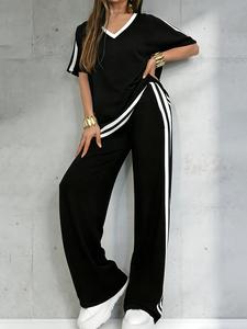 Women's Casual Sportswear Set, Pure Color V-Neck Short Sleeve T-Shirt & Striped Long Pants, Spring Summer Two-Piece, Track Suits