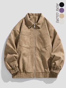Men's Solid Color Zipper Elastic Hem PU Leather Jacket, Loose Casual Fashion Drop Shoulder Long Sleeve Collared Outerwear for Daily Wear, Men's Clothes for Fall & Winter