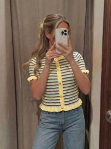 Women's Summer Striped Contrast Round Neck Button Short Sleeve Knit Top, Cute Vintage Casual Ruffled Decor, Ideal for Daily Dates and Outdoor Wear
