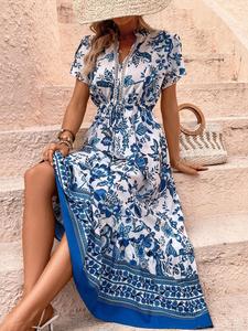 Women's Floral Print A Line Dress, Boho Shortsleeve Long Dress for Beach Holiday Vacation, Ladies Spring & Fall Clothes, Summer Clothes Women, Sun Dress