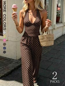 2 Pack Women's Polka Dot Halter Top and Wide Leg Pants Outfits, Boho Summer Outfits, Sleeveless V Neck Crop Top with Drawstring Waist Pants, Casual Streetwear Sets for Beach, Vacation and Daily Wear