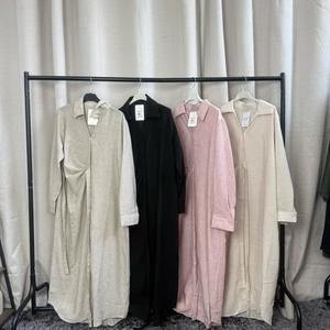 FBs 251- Button Up Ruched Tie Belt Collar Dress Women's Wear 132cm Length in Beige Black Pink & Cream Colours