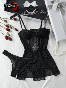 Floral Lace Sheer Lingerie Set, Summer Clothes Women, Girl Gifts Sexy Bow Cut Out Backless Adjustable Cami Black Dress for Summer & Thong Lingerie Set, Women's Underwear Set, Festival Wear 2024, 2 Piece Women Set, Girl Gifts  Tall Clothing Women