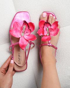 Aoife Pink Metallic Flower Detail Flat Sandals
