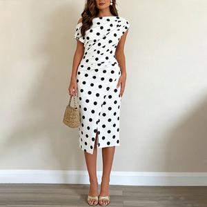 CHICME Women's Polka Dot Print Skew Neck Ruched Mid-length Dress Elegant Wrapped Slit Dress wedding guest outfit