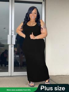 【Plus Size】 Comfort Basic Solid Sleeveless Tank Dress, Casual Fashion Long Dress for Daily Outdoor Wear, Women Plus Clothing for Spring, Elegant Plus Size Womenswear, Summer Dresses 2025