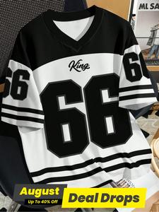 【plus Size】 Letter & Number & Striped Print V Neck Short Sleeve Tee, Fitted Casual Street Fashion Colorblock Graphic T-shirt for Summer, Men's Plus Size Clothes for Daily Wear, Top, Tshirt, Menswear Streetwear