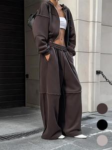 Women's Solid Zip Up Hooded Sweatshirt & Pocket Elastic Waist Pants Two-piece Set, Casual Drop Shoulder Long Sleeve Top & Trousers for Fall & Winter, Women's Clothes for Daily Wear, Casual Matching Set,Airport Outfit, Plain Pants Set