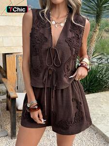 Women's V Neck Lace-Up Sleeveless Crop Top & Shorts Set, Casual Loose Fit Plain Design, Daily Wear Two-Piece