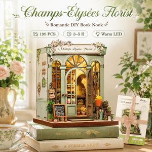 CUTEBEE Champs Élysées Florist DIY Book Nook Kit with LED Lights Miniature Flower Shop Summer Floral Bookshelf Insert Wooden Craft Cozy Room Decor Romantic Gift for Book Lovers
