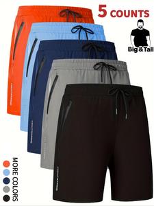 【Plus Size】 Letter Print Drawstring Waist Shorts, Casual Regular Fit Pocket Zipper Shorts for Summer, Men's Bottoms for Daily Wear, Men's Shorts 5 Pack, Athleisure, Workout Clothes, Athletic Shorts, Activewear