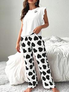 Women's Heart Print Tee & Pants Pyjama Two-Piece Set, Casual Comfy Round Neck Sleeveless Top & Trousers PJ Set, Ladies Sleepwear for All Seasons, Matching PJ Set, Pajama Set, Loungewear