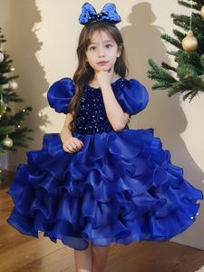 Two-piece Set Girl's Contrast Sequin Tiered Layer Fit and Flare Dress & Bow Decor Headband, Elegant Puff Sleeve Round Neck Party Dress & Headband Set, Kids Clothes for All Seasons