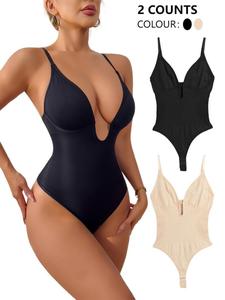 Women's Solid Deep V Neck Seamless Shapewear Bodysuit, High Stretch Tummy Control Butt Lift Shaper, Ladies Shapewear for All Seasons, Underwear