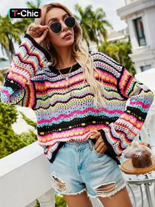 Women's Colorful Striped Print Hollow Out Drop Shoulder Knitting Sweater Casual Fitted Pullover, Casual Long Sleeve Round Neck Jumper for Spring & Fall, Fashion Women's Knitwear for Daily Wear, Tops, Womenswear