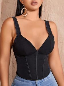 Women's Solid Lace Up Grommet Eyelet Decor Corset Structure Crop Cami Top, Elegant Adjustable Strap V Neck Sleeveless Top for Summer, Ladies Clothes for Party