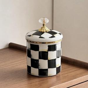 Vintage Handmade Enamel Water Pot, Coffee Mug, Storage Jar, Crystal Lid, Modern Home Decor, Decorative, Checkered Pattern, Soccer Theme