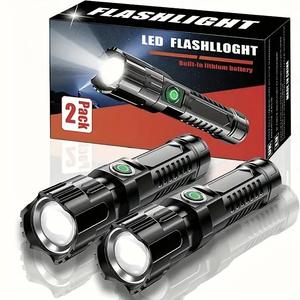 USB Rechargeable LED Flashlight, 2 Counts Portable Zoom Flashlight, Outdoor Strong Light Flashlight for Camping & Hiking
