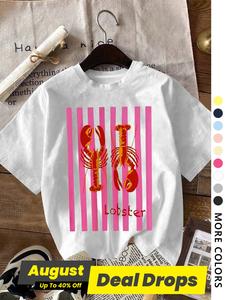 Women's Lobster Print Round Neck Tee, Casual Short Sleeve Crew Neck T-shirt for Daily Wear, Ladies Clothes for All Seasons, Top