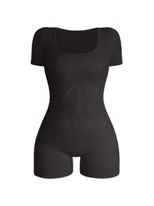 Women's Solid Short Sleeve Sports Bodysuit, Casual Sporty Square Neck Bodycon Bodysuit for Yoga Gym Workout, Summer Outfits 2024, Ladies Sportswear for All Seasons