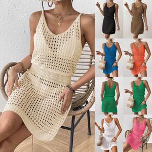 Hollow Out Waist Cinch Strap Dress Sexy Dress Beach Dress, European Hollow Out Long Dress Vacation Bikini Cover-Up Swimsuit Jacket Retro Hot Spring V-Neck Tie Beach Dress hoc o dress knitted  dress cocktail  dress