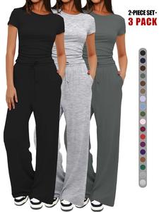 Women's Spring Summer Casual Set, Round Neck Short Sleeve Top & Wide Leg Pants, Slim Fit Home Wear, 2 Piece, Ruched Design, Drawstring