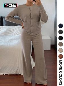 Women's Casual Comfortable Round Neck Long Sleeve Knit Sweater Set, High Waist Versatile Wide Leg Pants, Perfect for Daily Wear