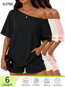 Women’s Casual Two Piece Lounge Set Off Shoulder Top & Loose-Fitting Shorts  Loungewear Pajama Nightwear Womenswear#summervibe