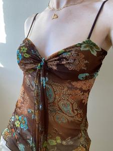 Women's Floral Print Sheer Spaghetti Strap Cami Backless Tops, Vintage Casual Comfy Breathable Fitted Camisole for Daily Wear, Ladies Sleeveless Clothes for Summer, Womenswear, Boho Clothes Women, Boho Backless Camisole