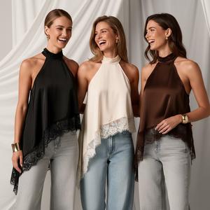 Women's Halter Neck Satin Blouse - Lace Trim Asymmetrical Hem Top (Solid/Polka Dot), Elegant Chic Style for Date Nights & Parties, Lightweight Blouse for Adults
