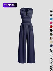 Women's Plain Ruched Deep V Neck Ribbed Jumpsuit, Elegant Sleeveless Wide Leg Jumpsuit for Summer, Back to School Outfits, Ladies Clothes for Beach Holiday Vacation