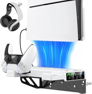 PS5 Wall Mount Kit with Cooling Fan & Charging Station, PS5 Shelf Floating Mount for PlayStation 5/Slim/Pro Disc & Digital Console, PS 5 Wall Bracket Behind TV, PS Five Pro Accessories