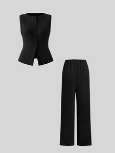 Two-Piece Set Women's Solid Button Front Crop Vest Blazer & Wide Leg Pants, Casual Sleeveless Top & Trousers for Summer, Ladies Clothes for Work Office Business, Black, Womenswear